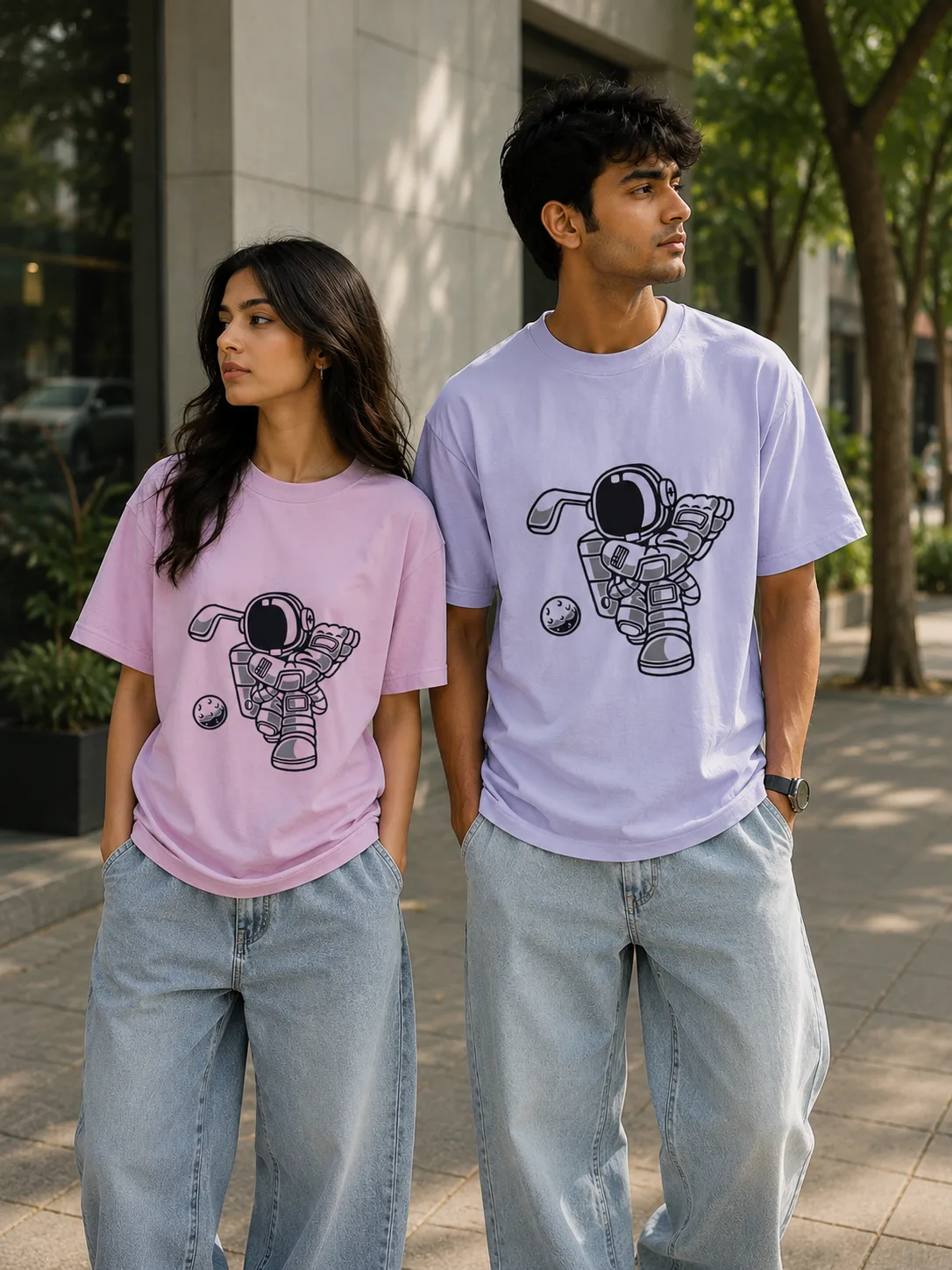 astronut2 Astronauts Printed Cotton T-Shirt | Unisex Oversized T-Shirt - Image 1