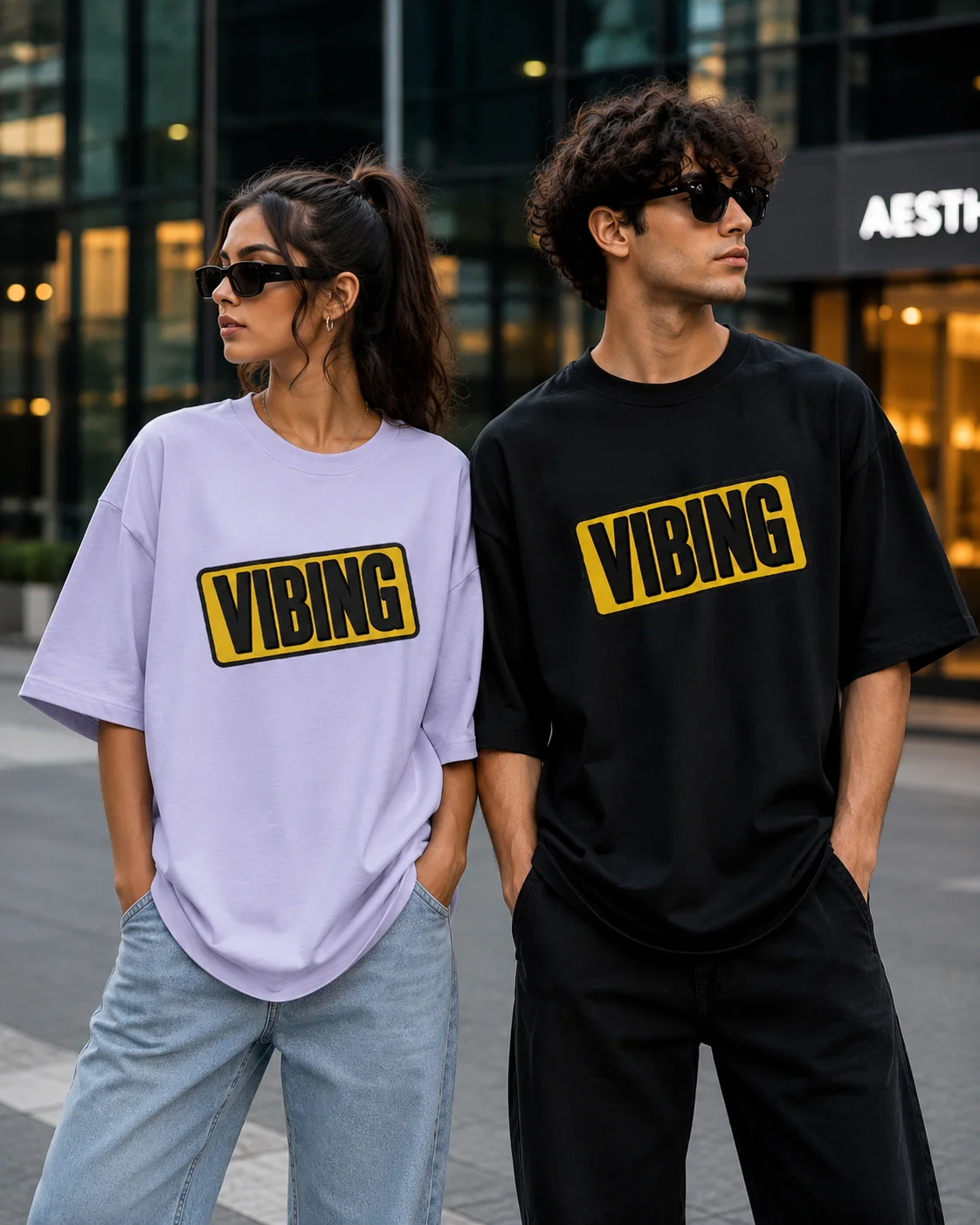"Male and female models wearing oversized VIBING graphic T-shirts, featuring a lavender oversized tee for women and a black oversized tee for men, styled with casual streetwear in an urban city setting."
