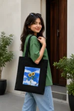 Handpainted Sunflower Tote Bag – Black Cotton | Barnini - Image 4